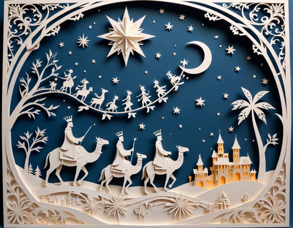 Wise Men Following Star in Intricate Kirigami Style
