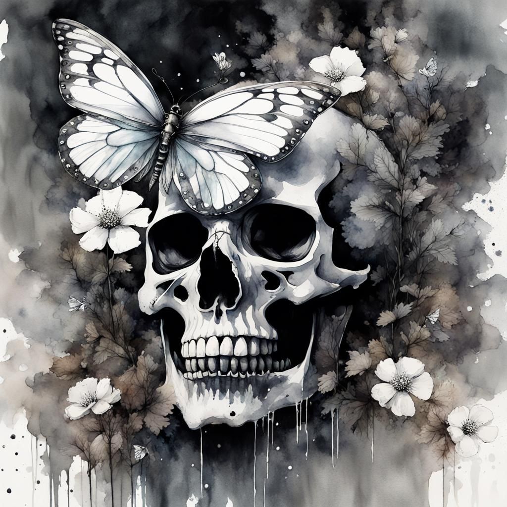 Watercolor Skull with Butterfly and Flowers