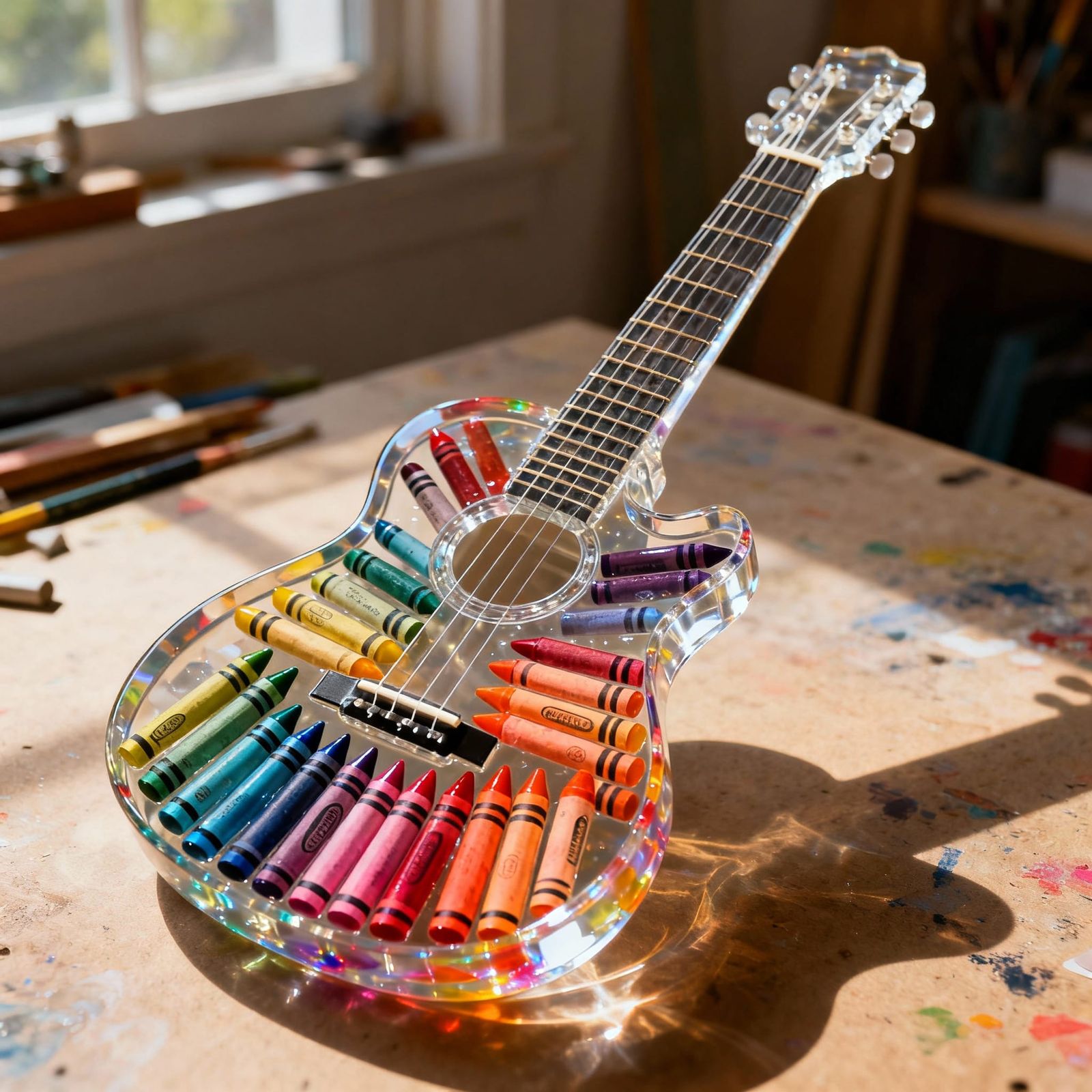 Brightly Colored Crayons Cast in Clear Epoxy Guitar Shape