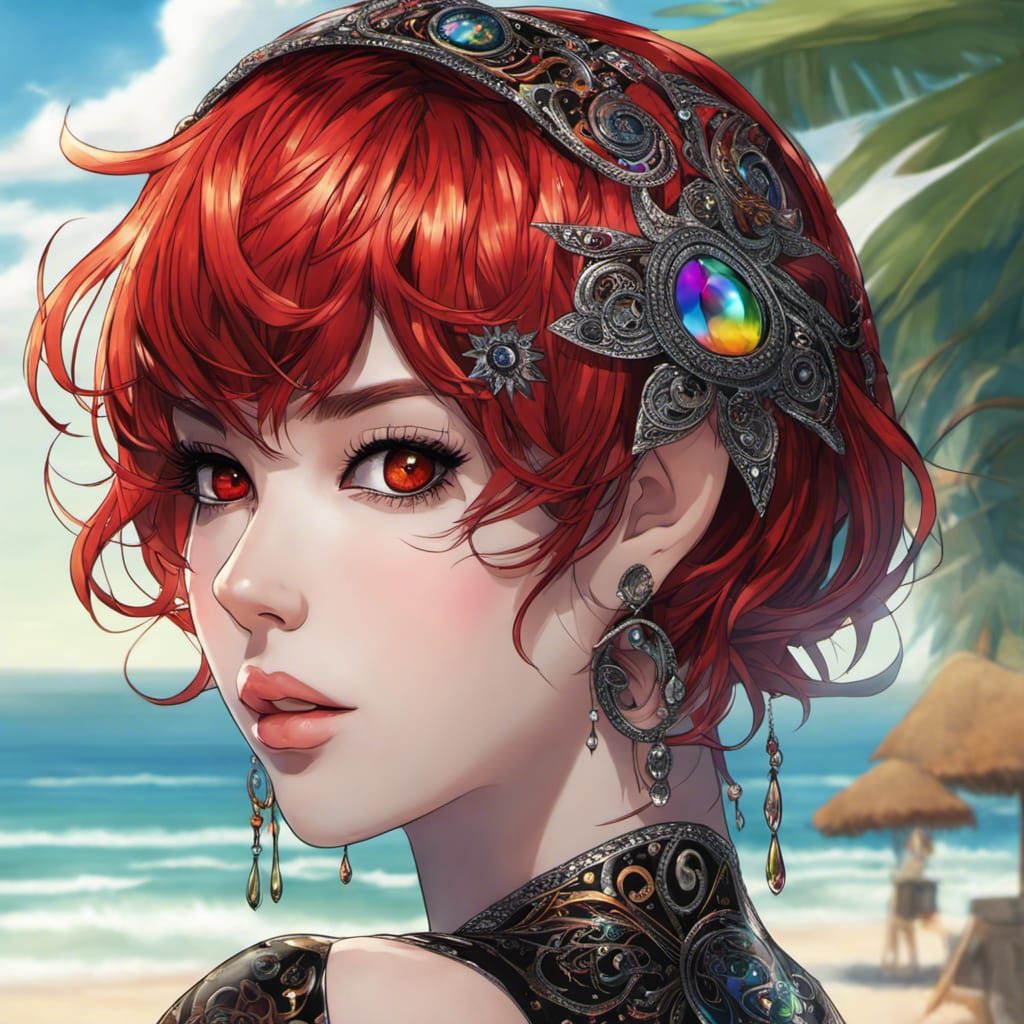 Anime Goth Goddess with Rainbow Eyes on Beach