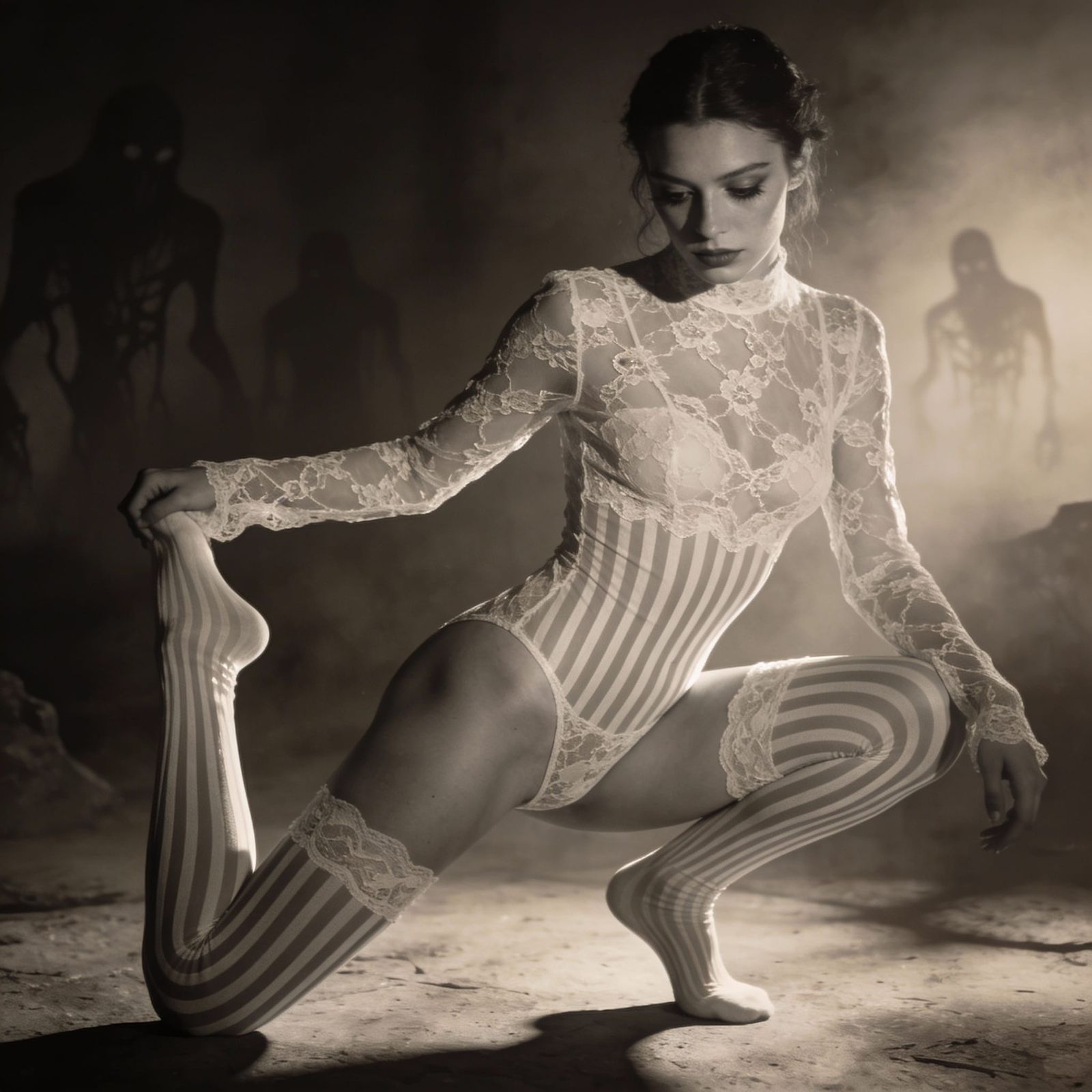 Hauntingly Beautiful Woman in Lace Body Sock and Long Socks