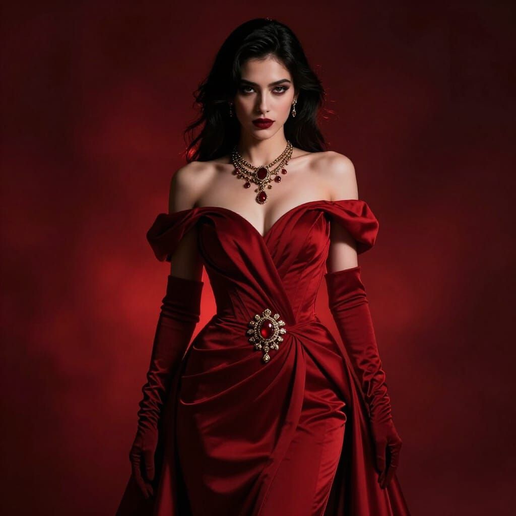 Woman in Red Gown With Opulent Jewelry