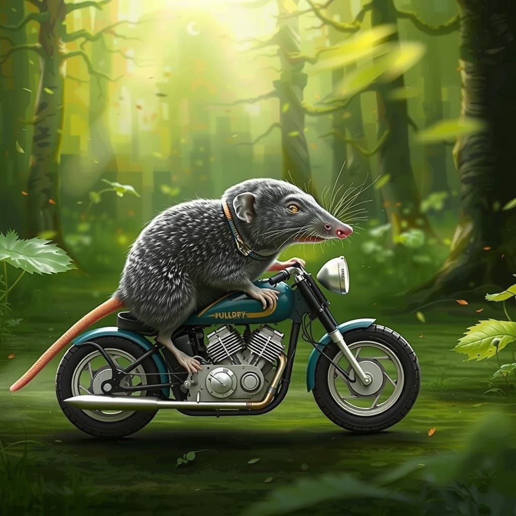 Shrew driving through a forest in a motorcycle