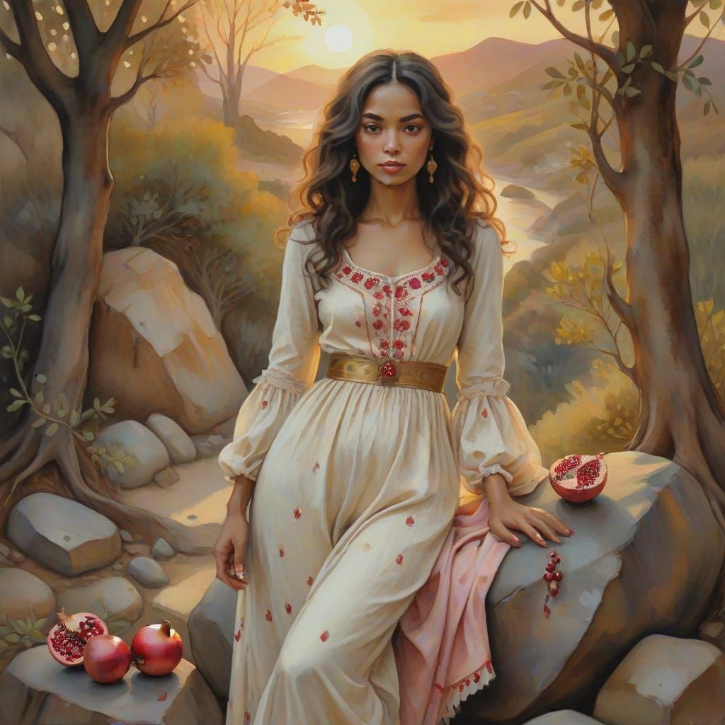 Pomegranate Goddess in Baroque Oil Painting