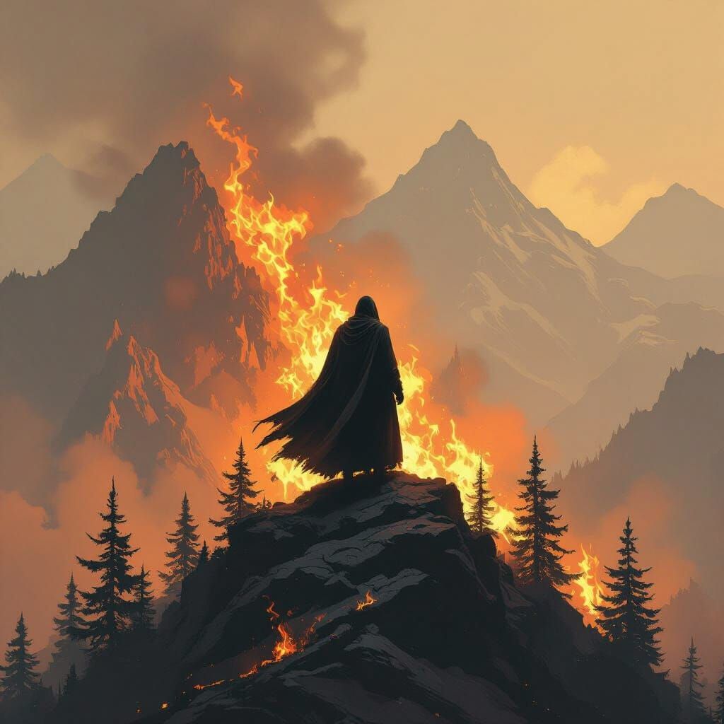 Haunting Mountain Fire in Digital Painting Style