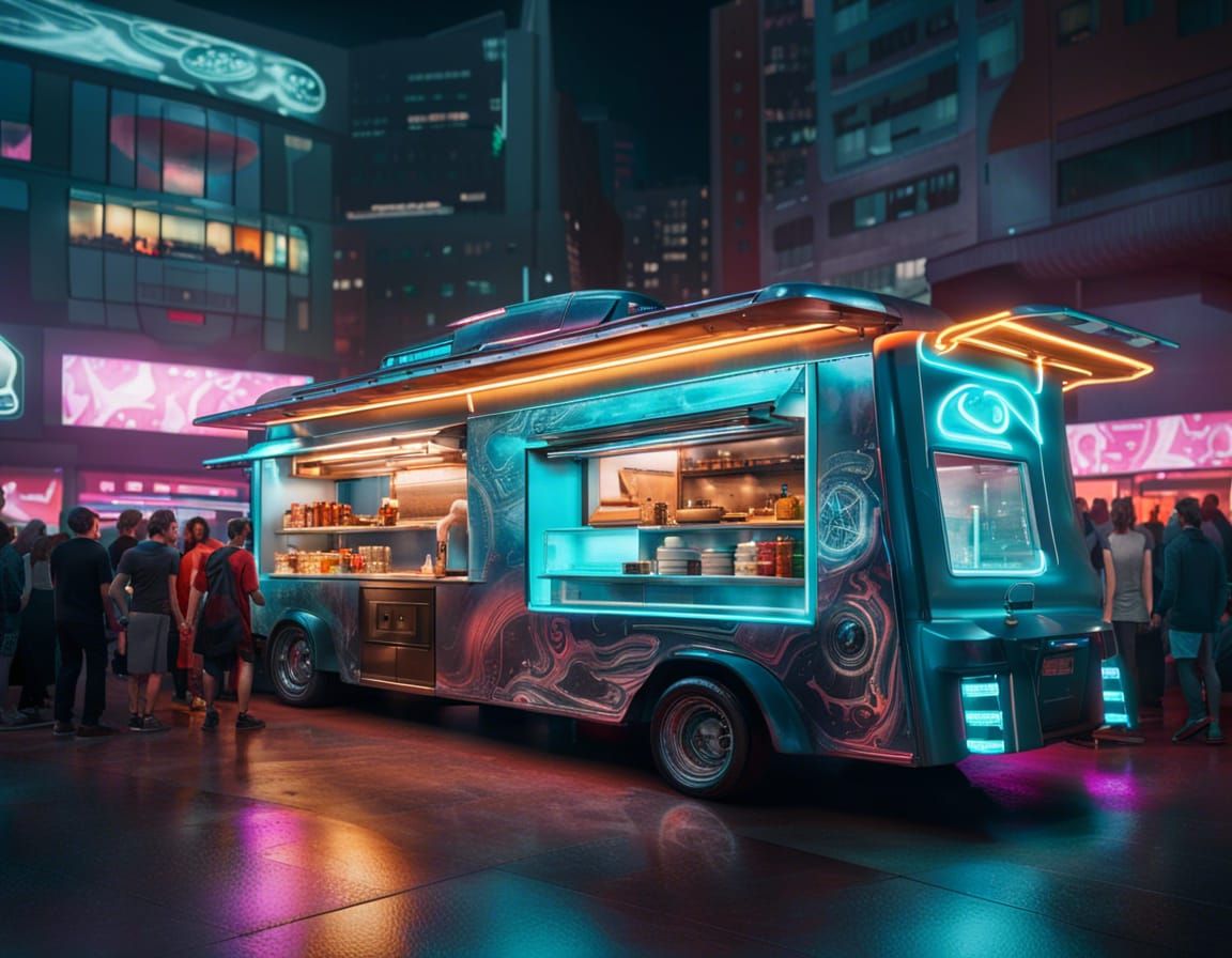 Futuristic Cyberpunk Food Truck in Enamel Coloring