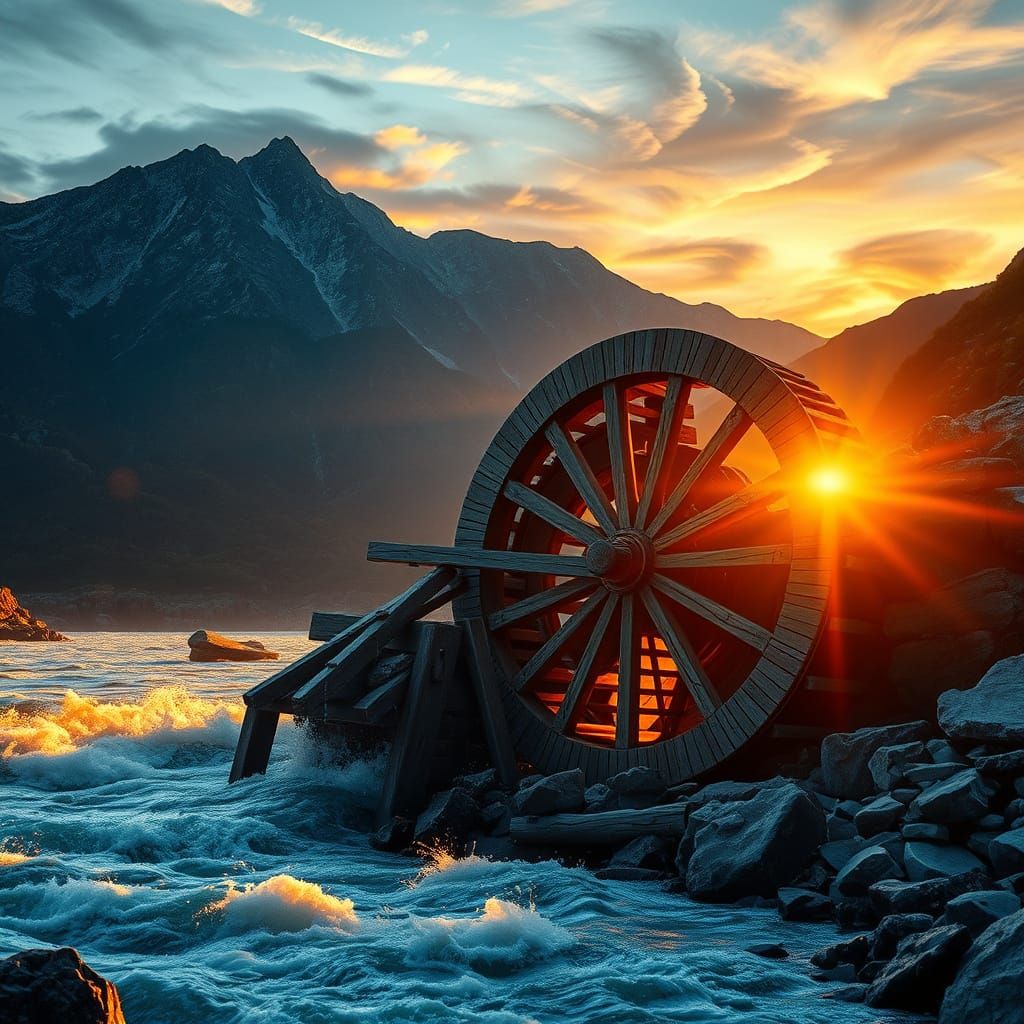 Timeless Wooden Waterwheel at Sunset