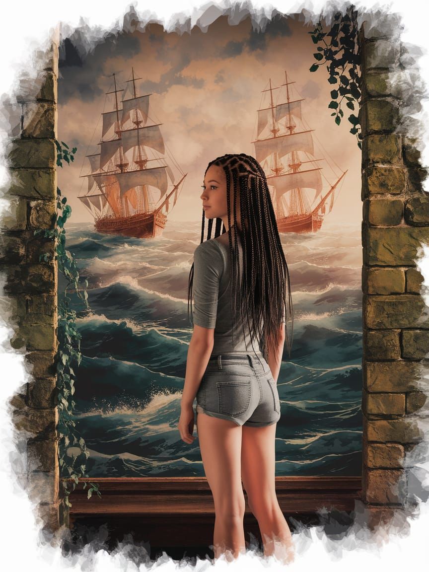 Vintage Woman with Braided Hair in Watercolor Style