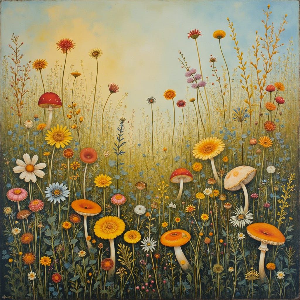 Wildflower Meadow with Mushrooms in Art Nouveau Style