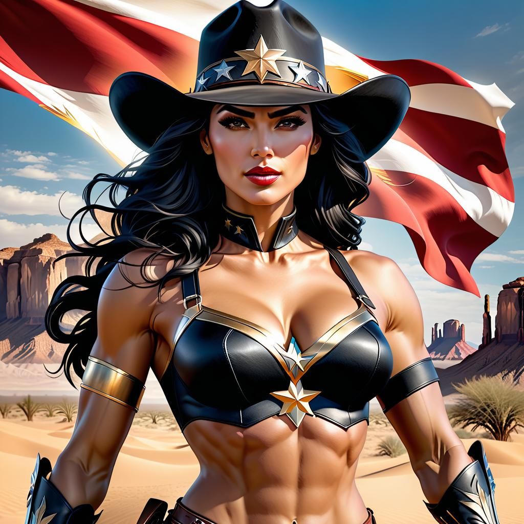 Wonder Woman as a cowgirl at a desert in Texas in 1890 due to time displacement