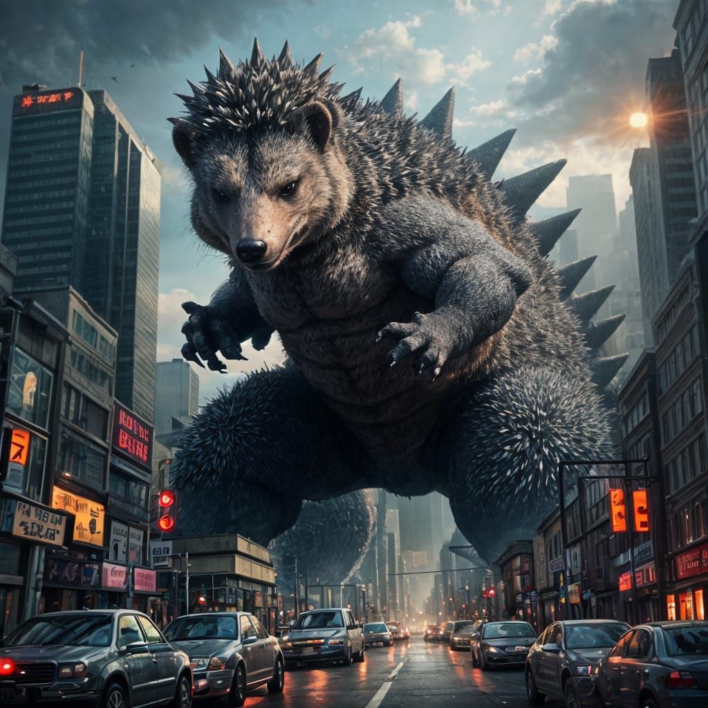 Hedgehog-Godzilla Hybrid Rampage in Anime Style