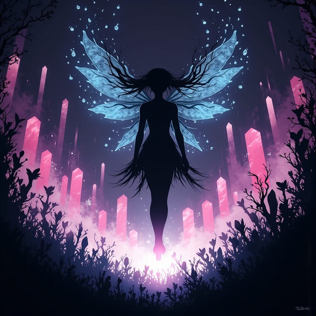 Dark Fairy Soars in Ethereal Crystal Garden