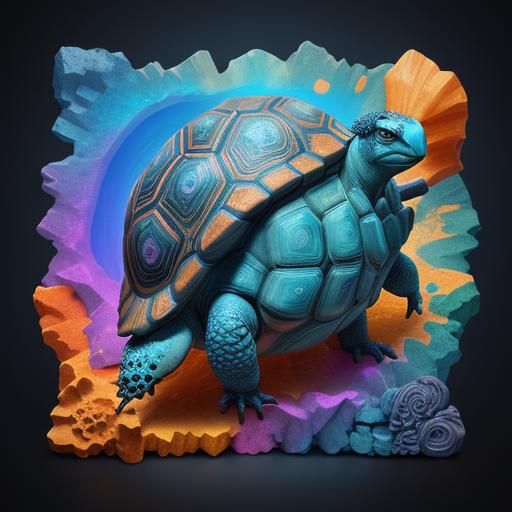 Aztec Geode Tortoise Wielding Trident in 3D Art Style