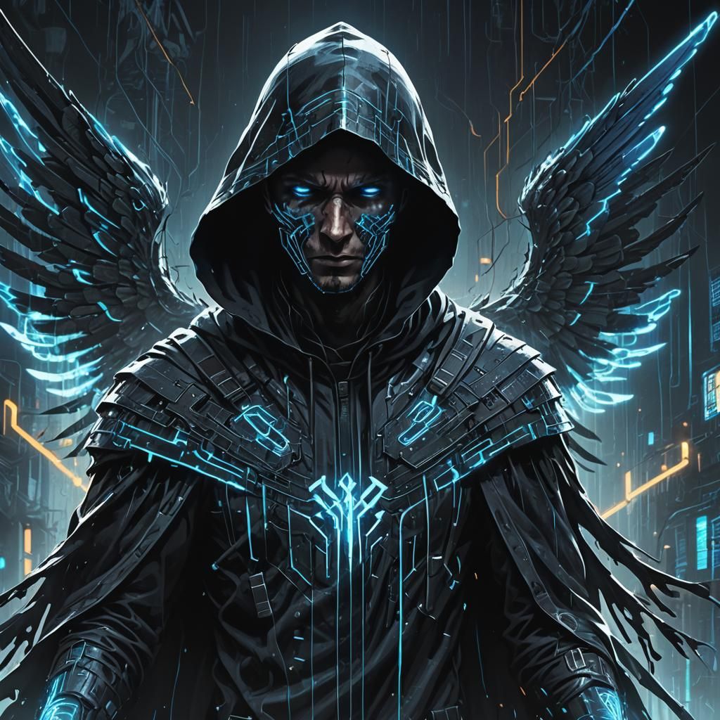 Cyberpunk Angel Unleashes Digital Attack