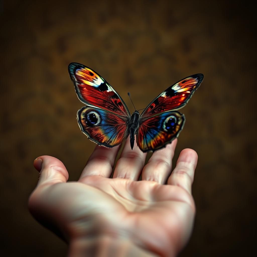 Peacock Butterfly Perched on a Hand in HDR