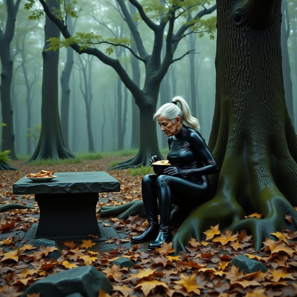 Elderly Woman in PVC Catsuit in Misty Forest