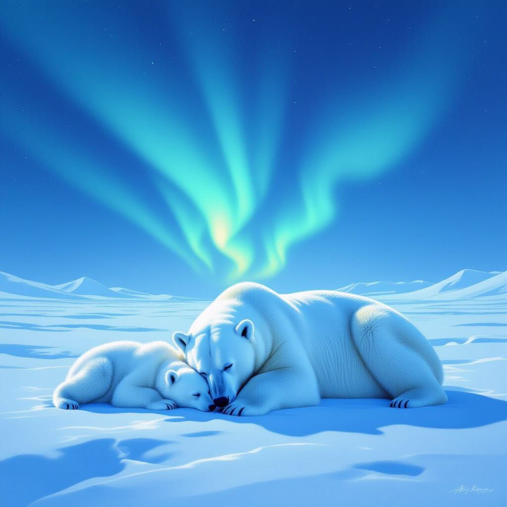 Mother Polar Bear and Cub Sleep Under Aurora Borealis