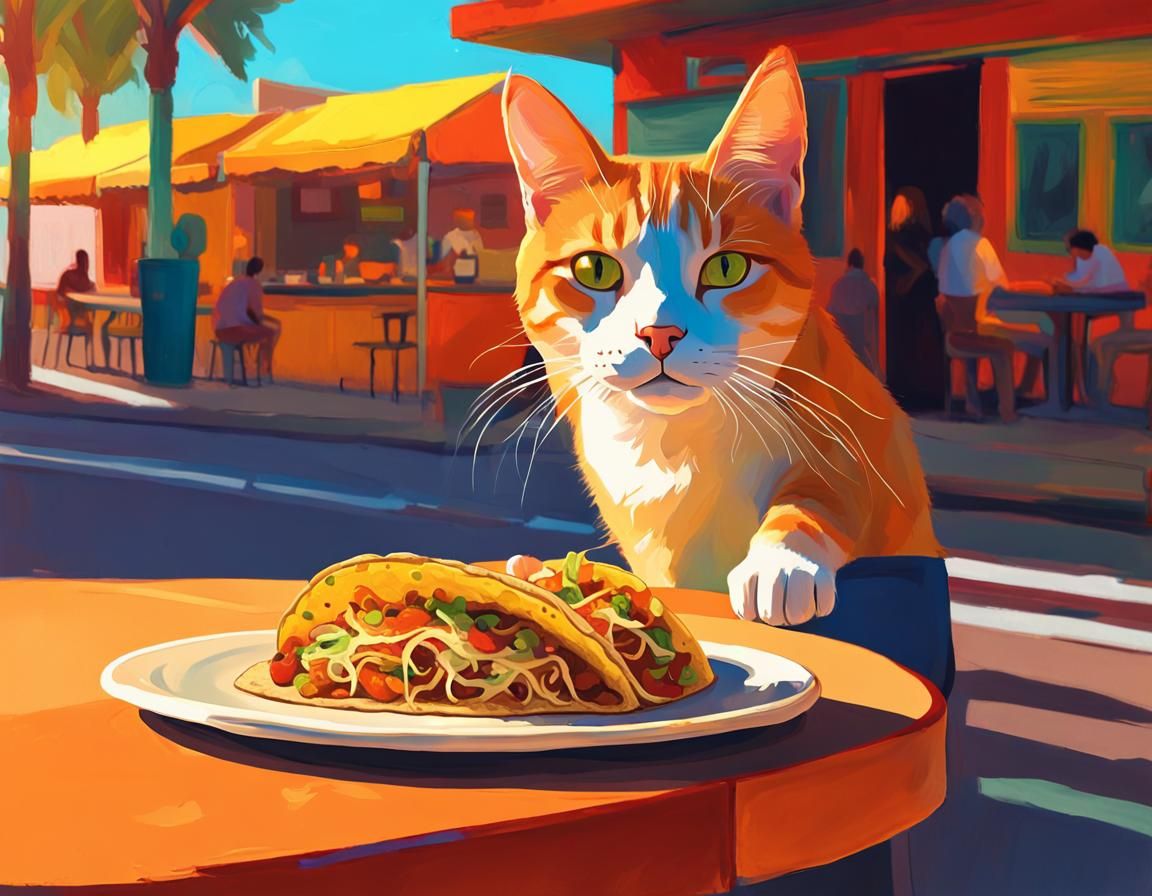 Orange Cat Reaching for Taco, Fauvist Expressionism