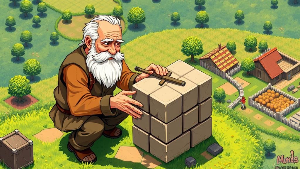 8-bit Pixel Art: Old Man Sculpting a Cube
