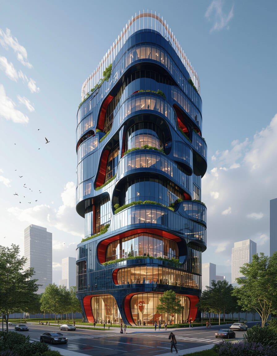 Futuristic High-Rise Building with Ceramic and Glass