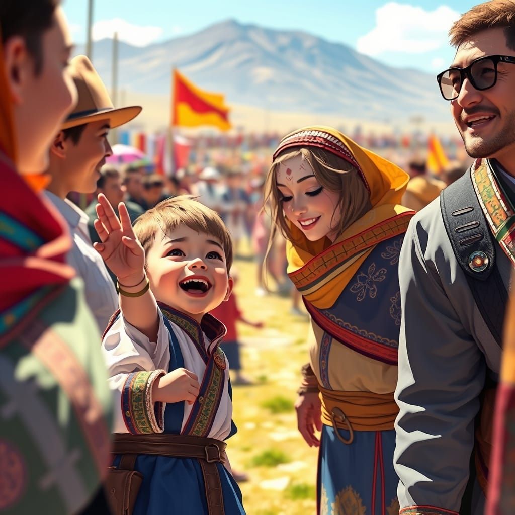 Joyful boy at Naadam Festival in Traditional Mongolian Cloth...