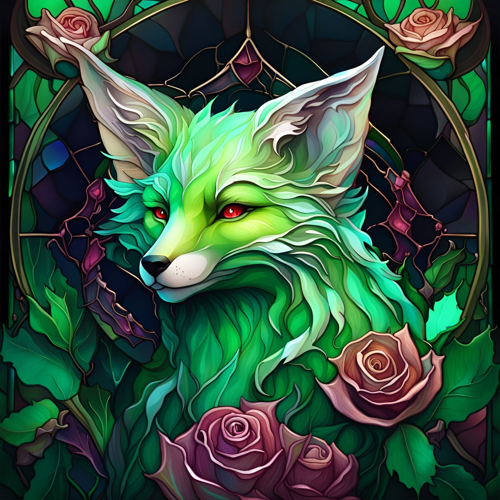 Rose Fox Portrait with Stained Glass Moon