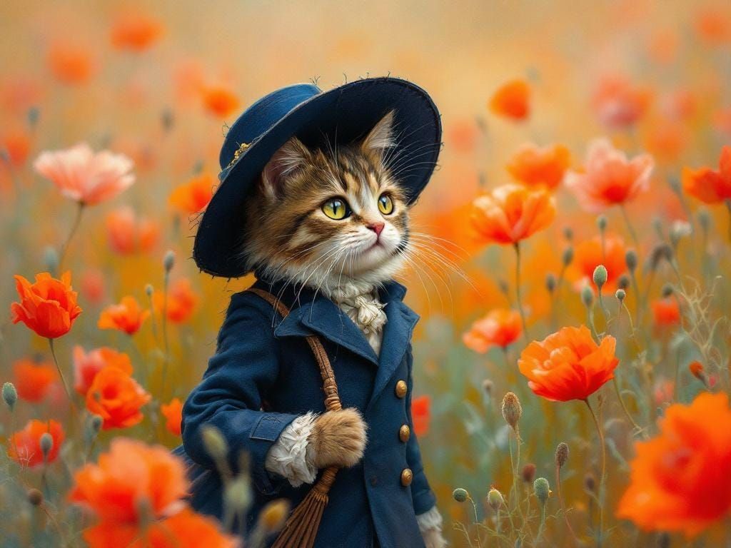 Anthropomorphic Cat Strolls Through Poppies in Impressionist...