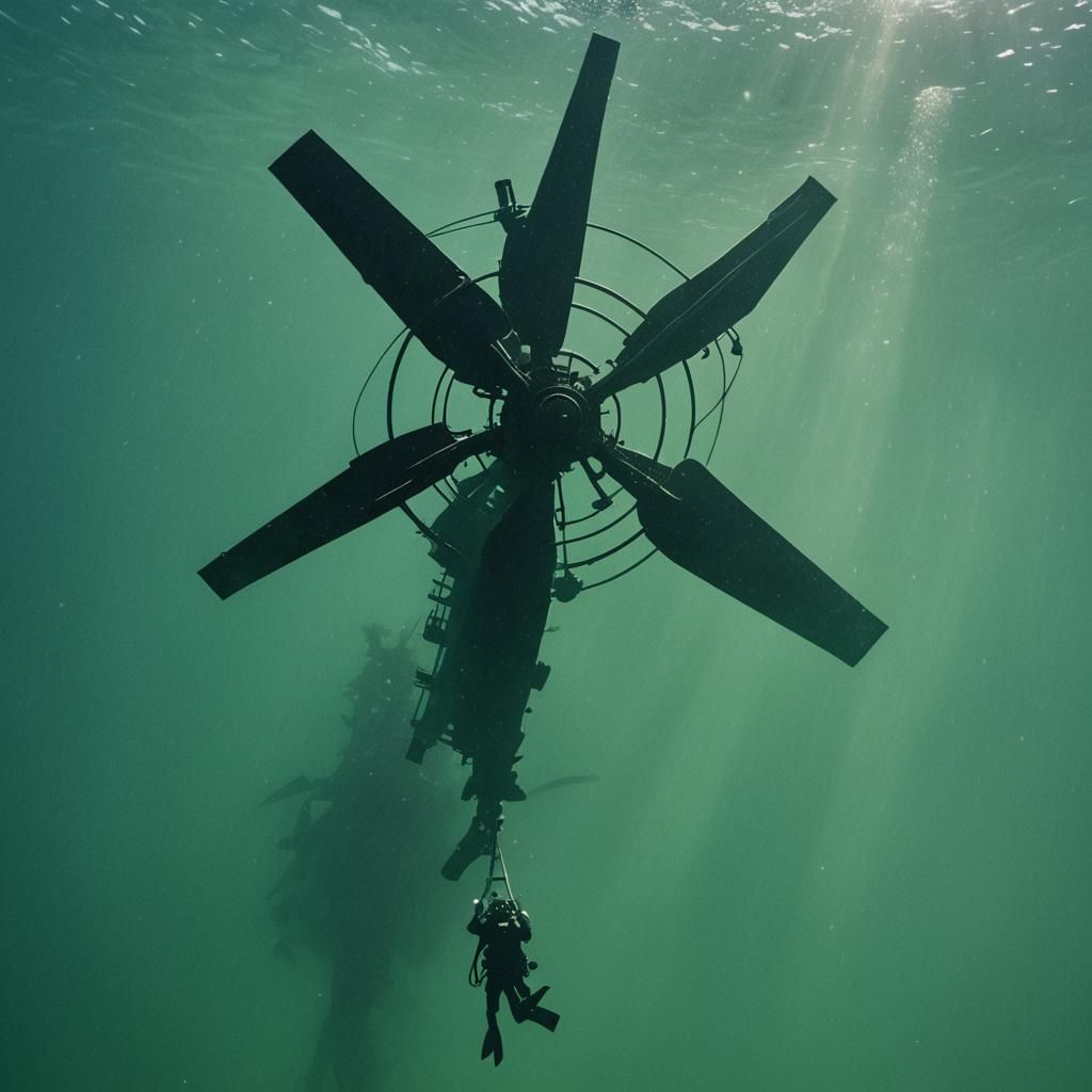 Submerged Ship Stern Silhouette with Diver