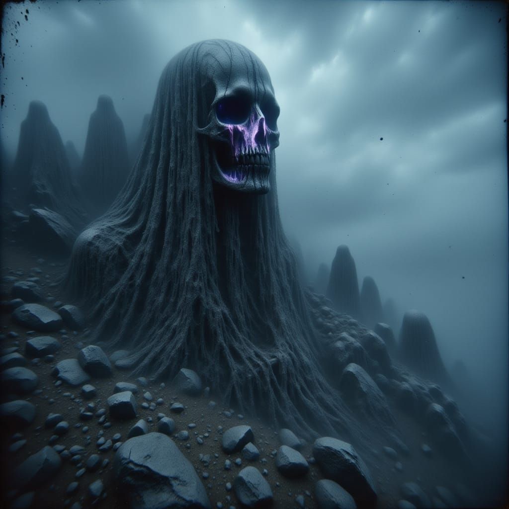 Colossal Skull on Windswept Peak in Dark Fantasy
