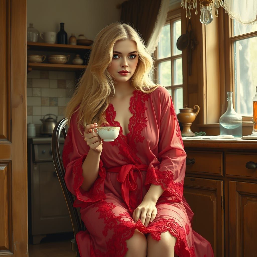 Elegant Blonde in Kitchen, Romantic Realism Style