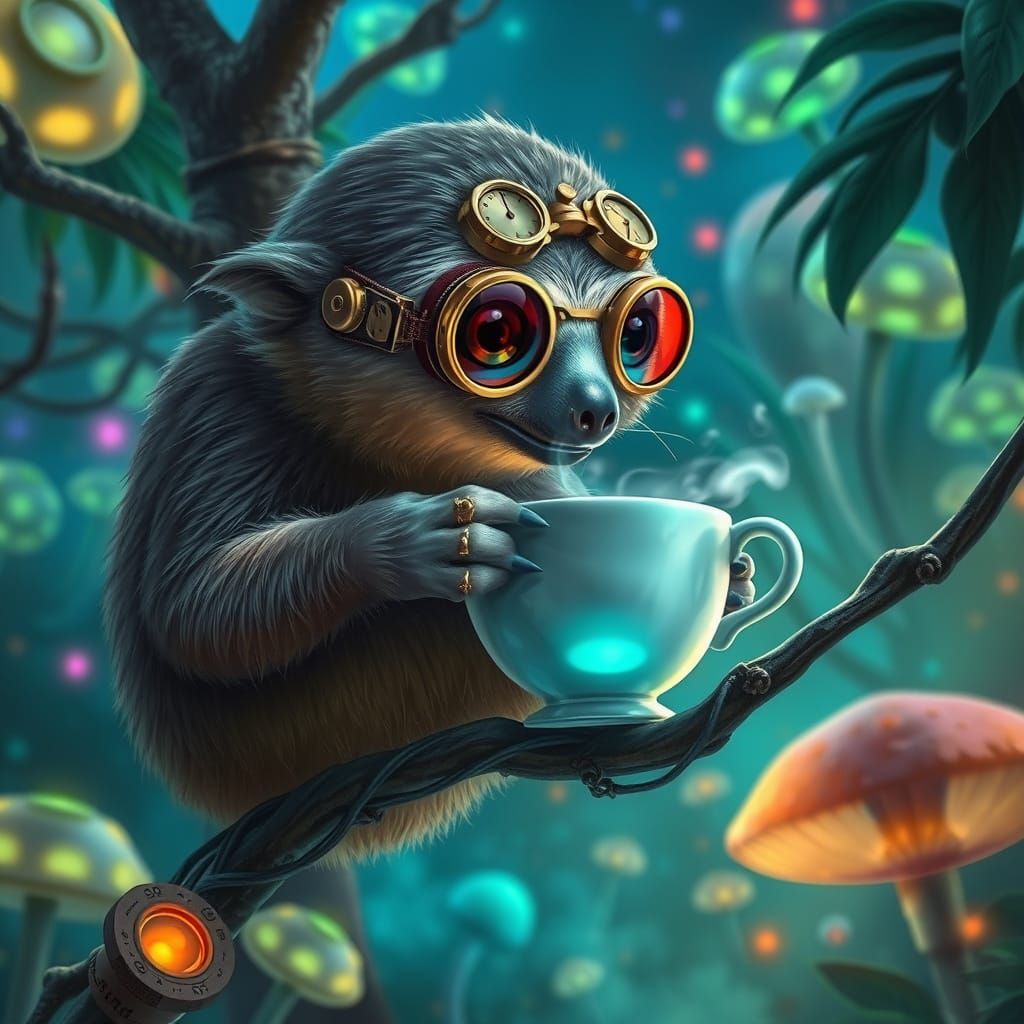 Steampunk Sloth Enjoys Tea in Alien Jungle