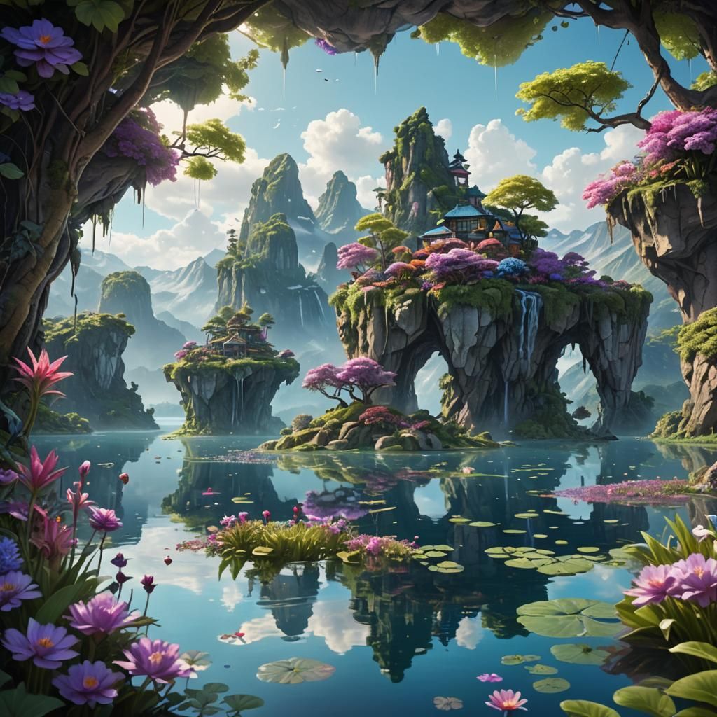 Floating Islands Mirrored in Calm Lake