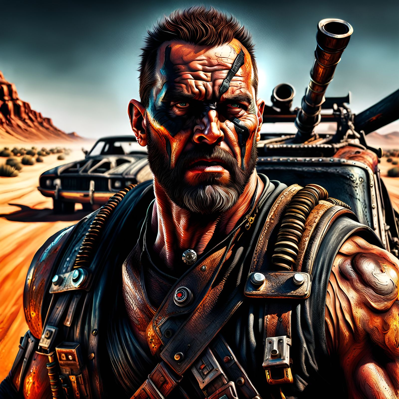 Hyperrealistic Road Warrior Portrait in Cinematic Style