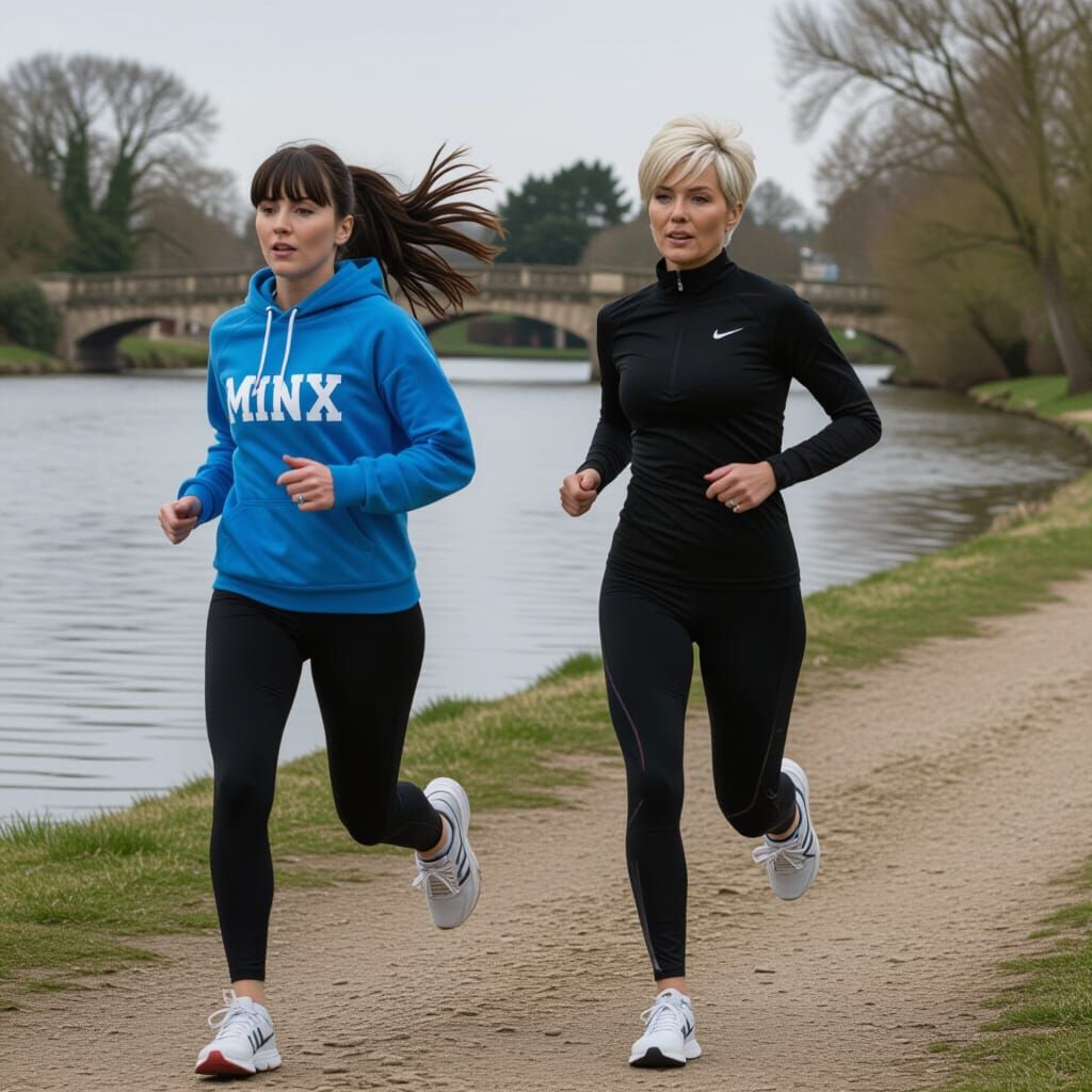 Two Women Running by a River in England