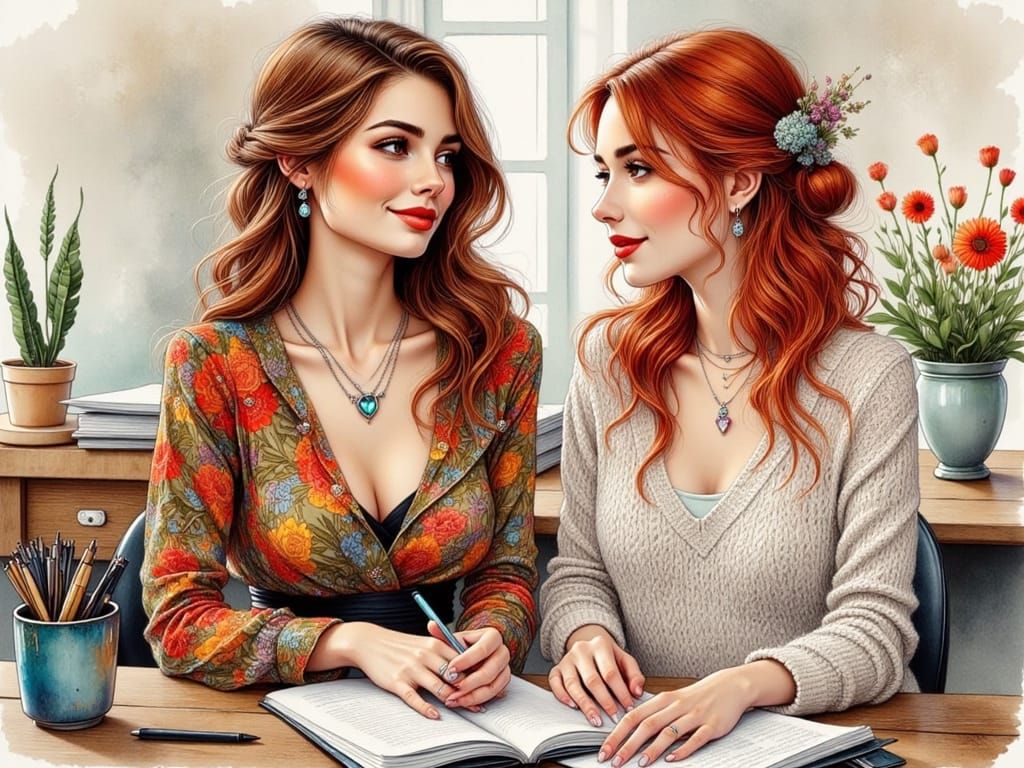 Ink Drawing of a Young Woman in a Flower-Print Blouse and Sk...