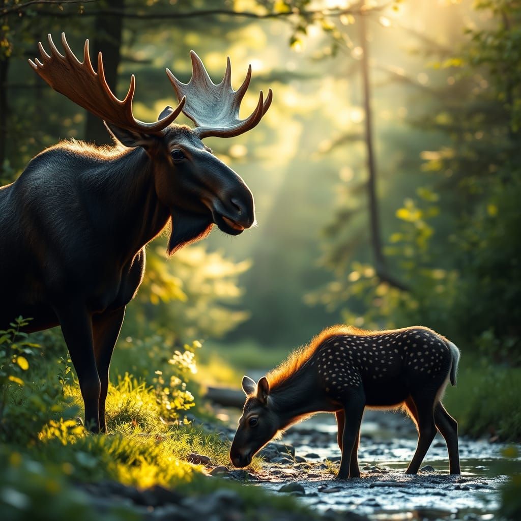 Majestic Bull Moose and Calf in Maine Woodland