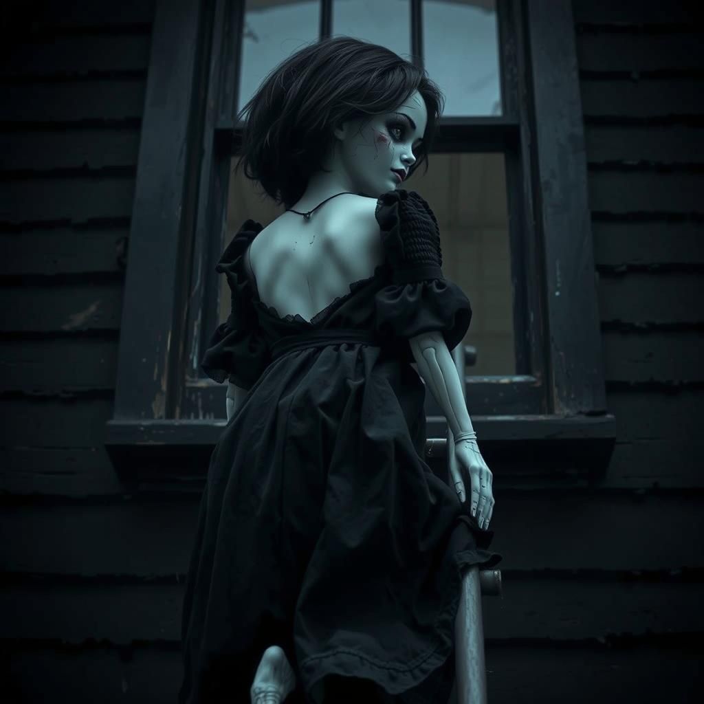 Creepy Porcelain Doll Descending from Dark Window