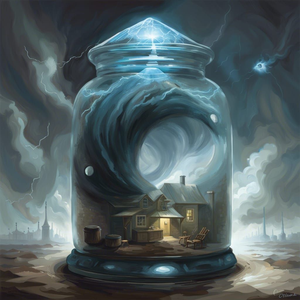 Futuristic Tornado in Crystal Jar, Dark Art