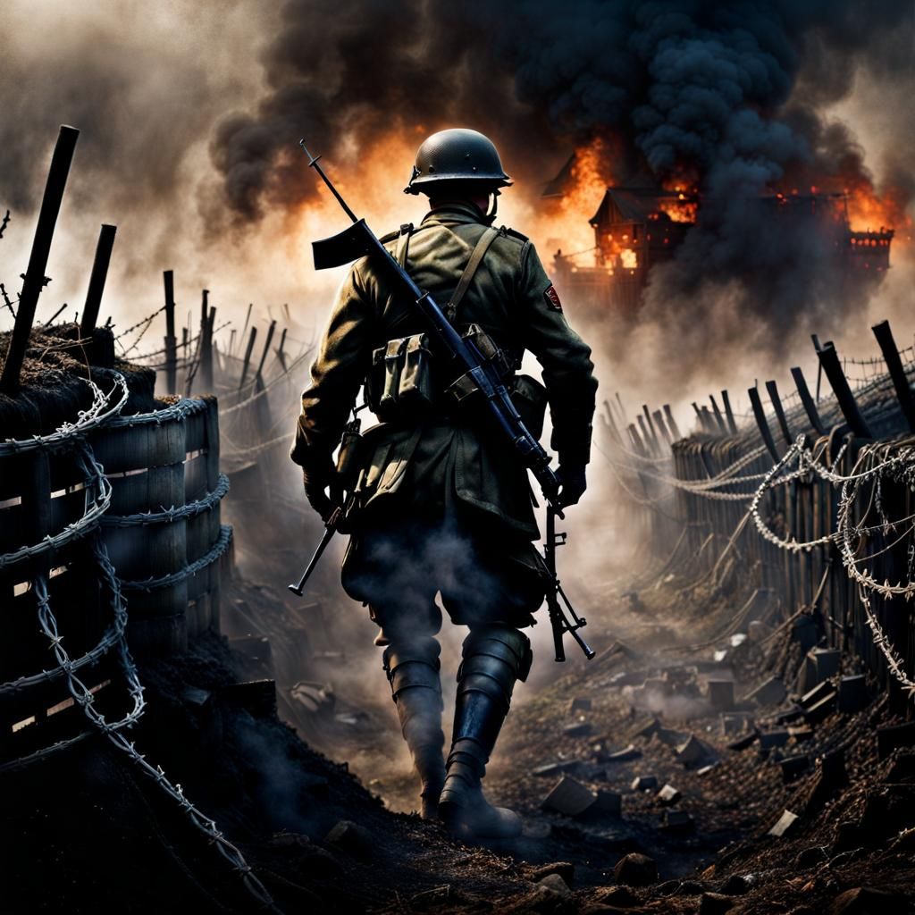Wounded Soldier in Trenches: Gothic Realistic Art