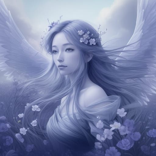 Indigo fairy in a landscape of indigo flowers and clouds. ad...
