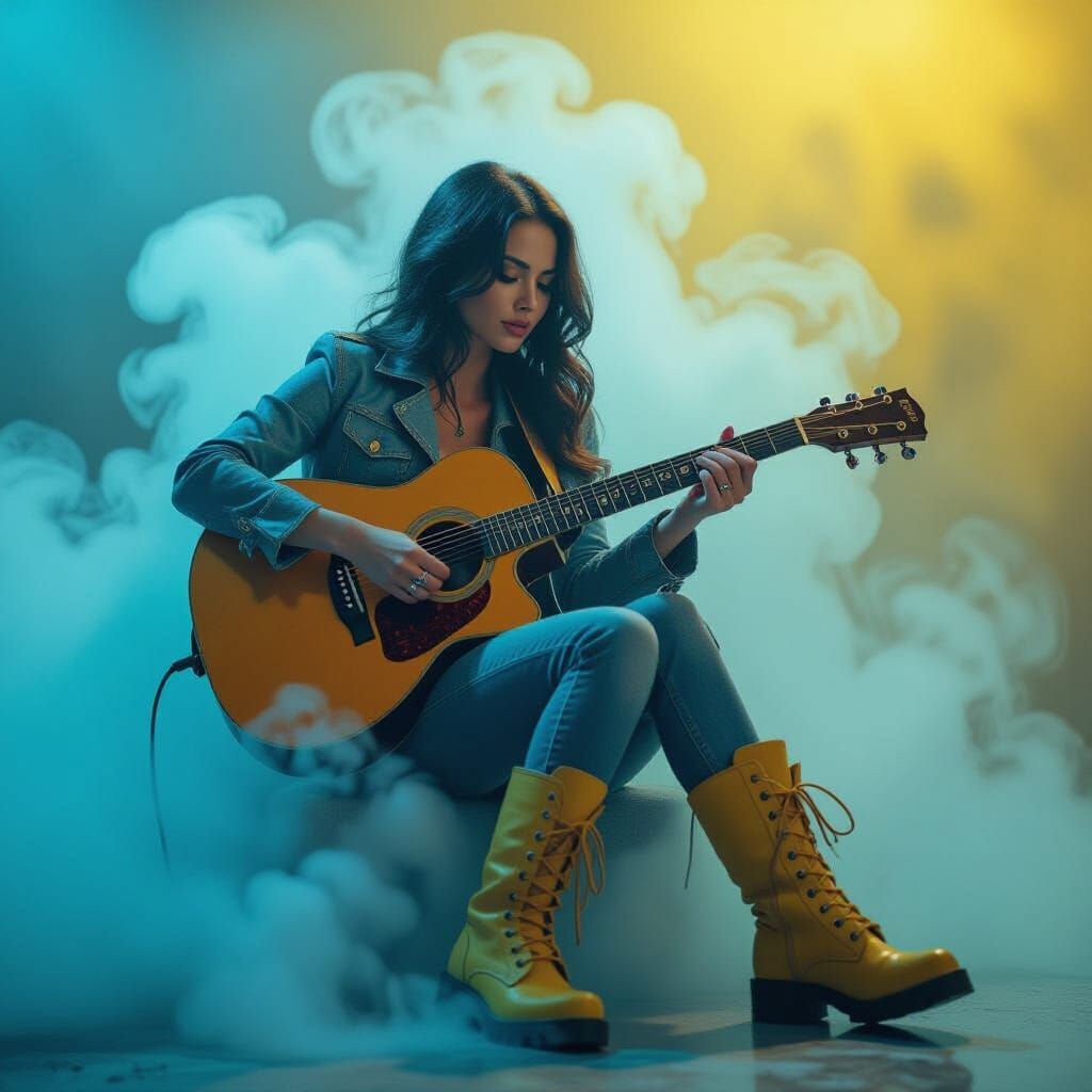 Blues Guitarist in Smokey Yellow, Detailed Matte Painting