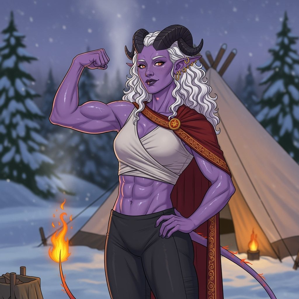 Tiefling Sorceress Flexing at Snowy Campsite