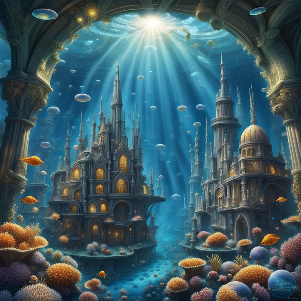 Radiant Underwater City Fusion with Cosmos