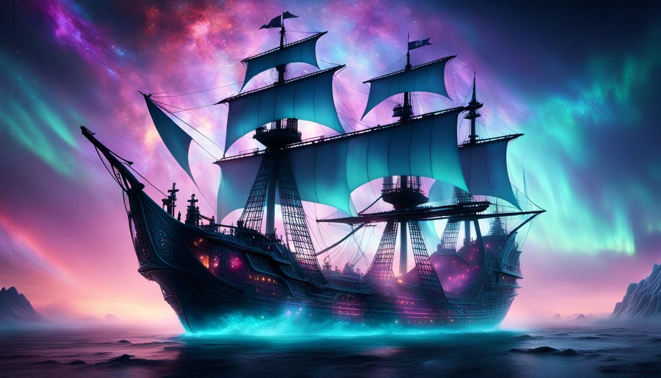 Futuristic Glass Galleon Among Galaxies