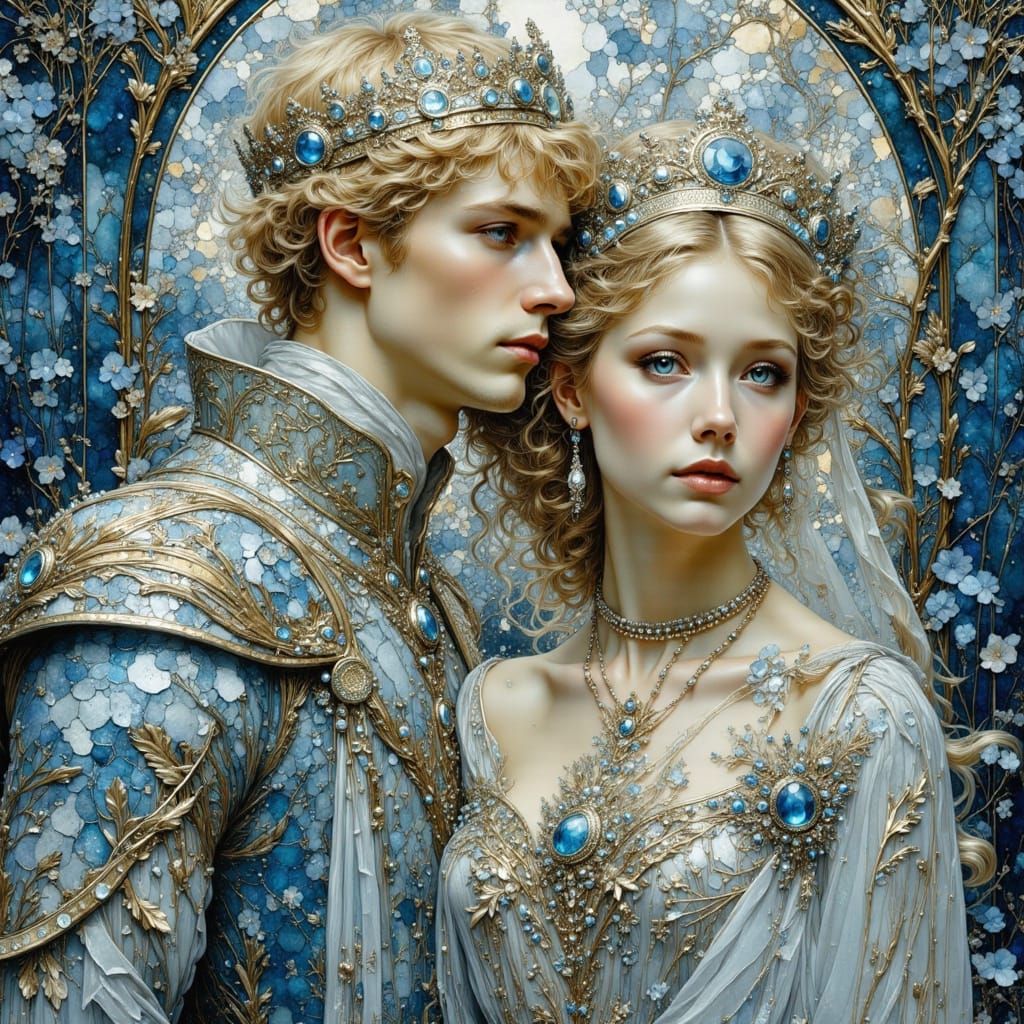 Art Nouveau Prince and Princess Portrait in Stained Glass