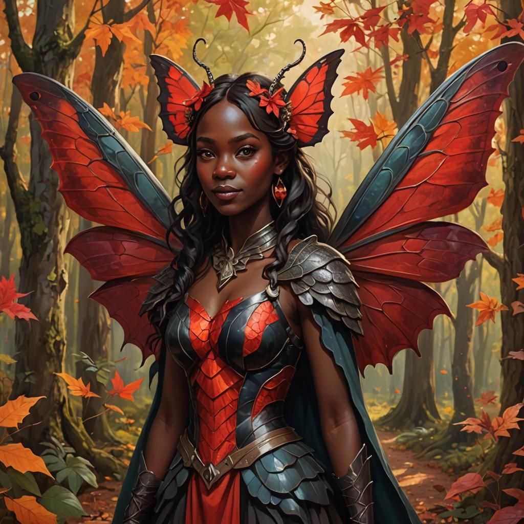 Happy Fairy with Dragon in Autumn Forest