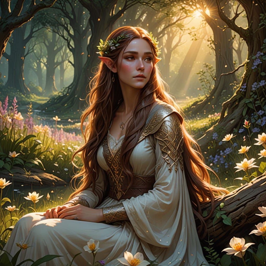 Ethereal Elf Woman in Sunlit Flower Field