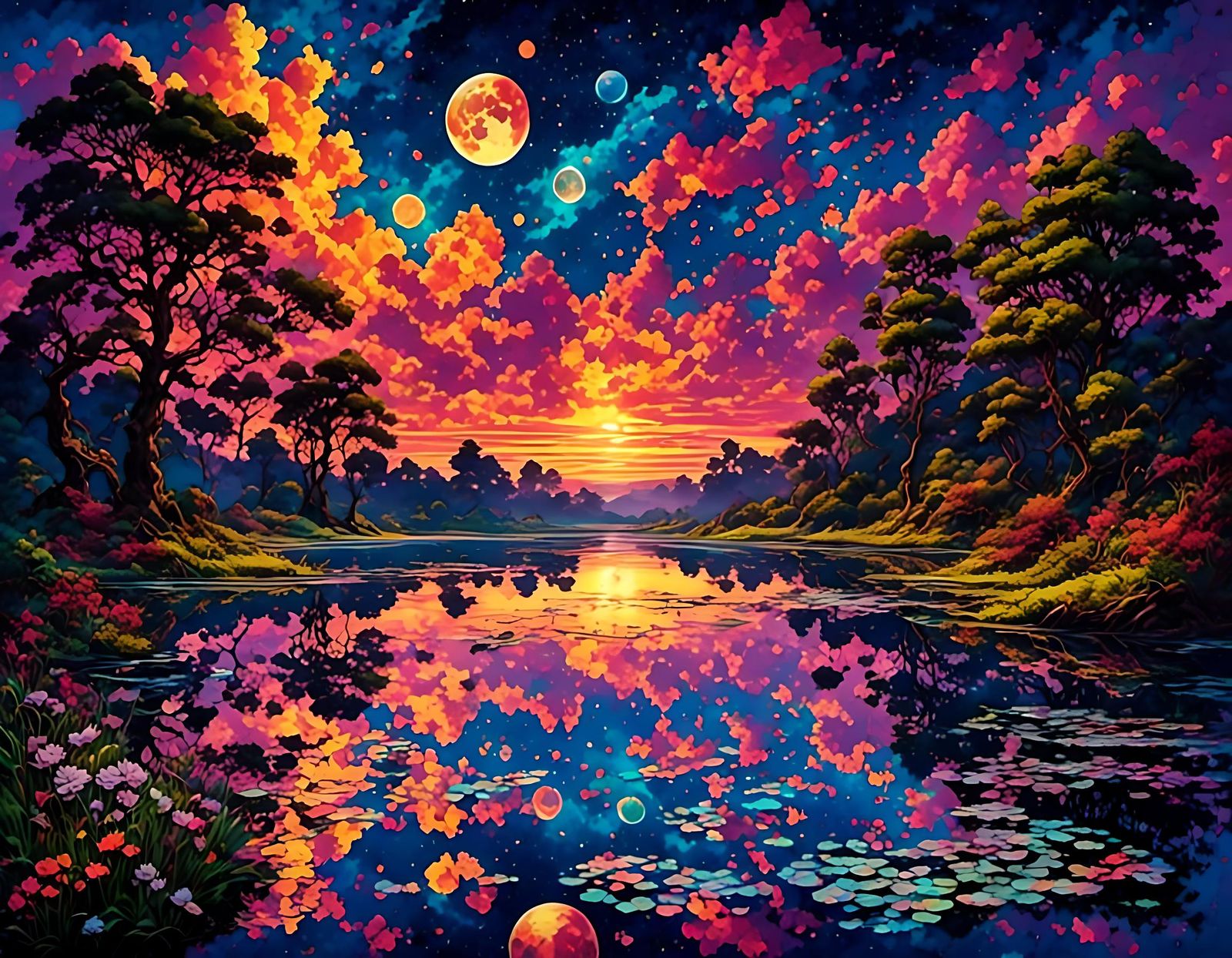 Mysterious Pond Under Astrological Night Sky