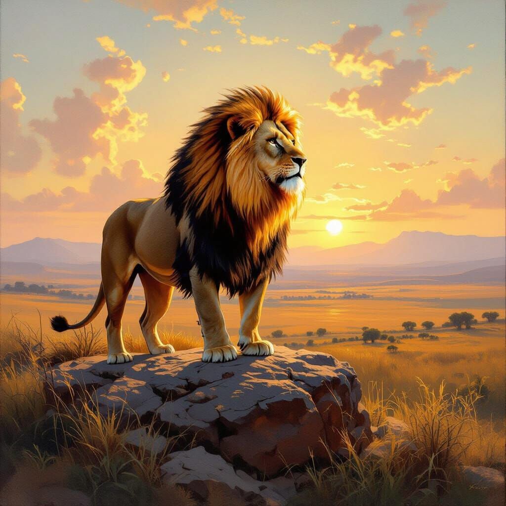 Lion with Flaming Mane in Oil Painting Style
