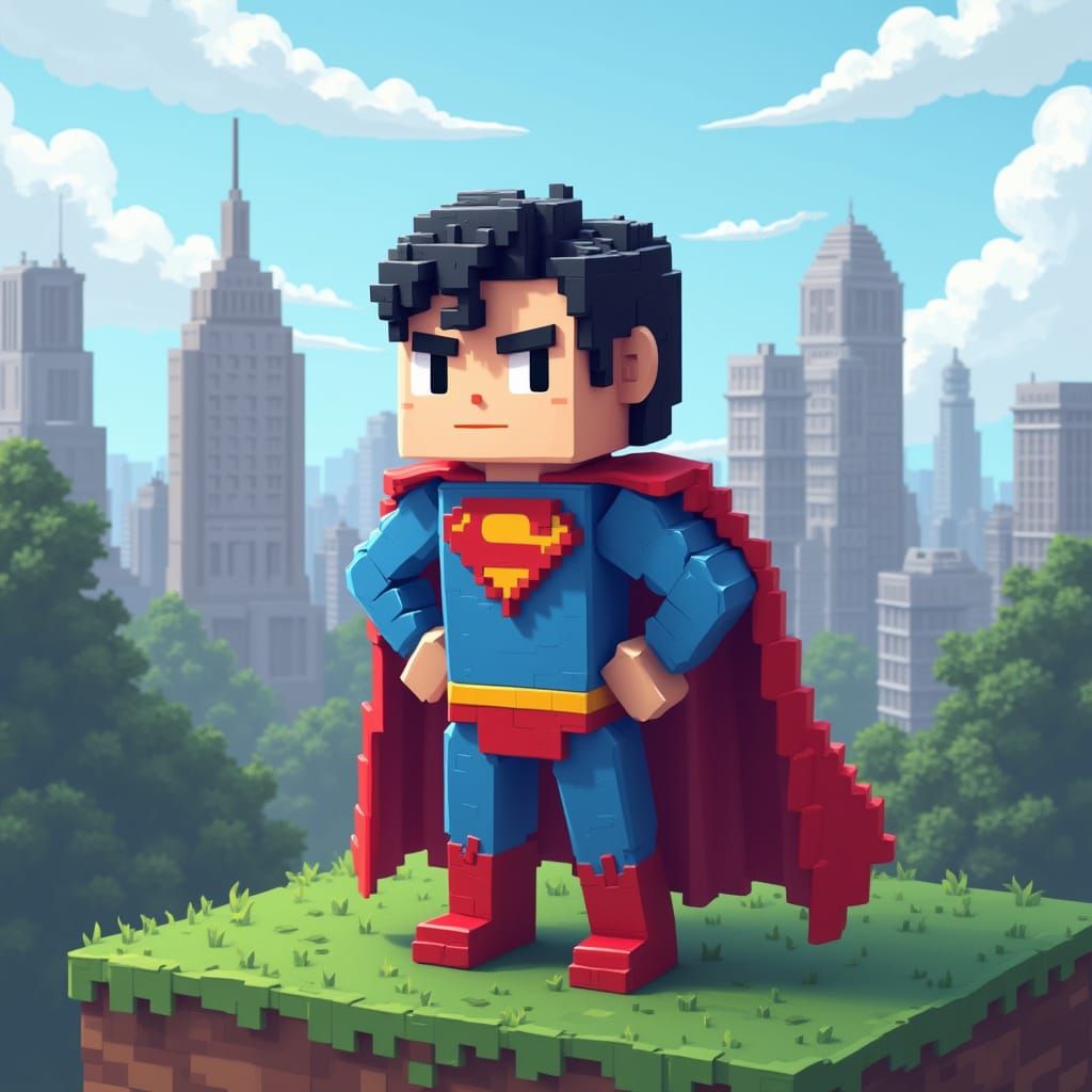 Pixelated Superman in Minecraft-Inspired Blocky Aesthetic